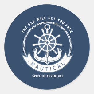 Nautical Spirit Anchor, Wiel, Navy Blue Ronde Sticker