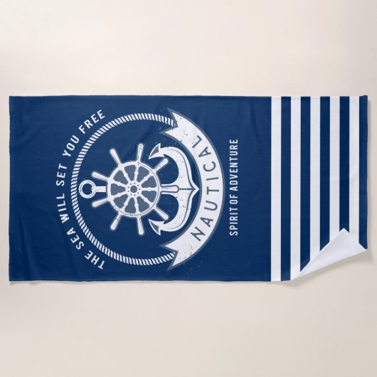 Nautical Spirit Anchor, Wiel, Navy Blue, Stripes Strandlaken (Voorkant)