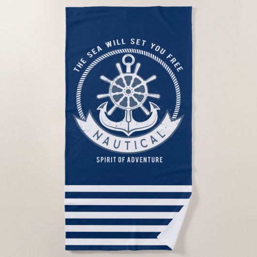 Nautical Spirit Anchor, Wiel, Navy Blue, Stripes Strandlaken (Voorkant)