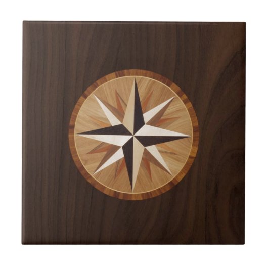 Nautical Star Dark Wood Marquetry Kijk uit Tegeltje (Voorkant)