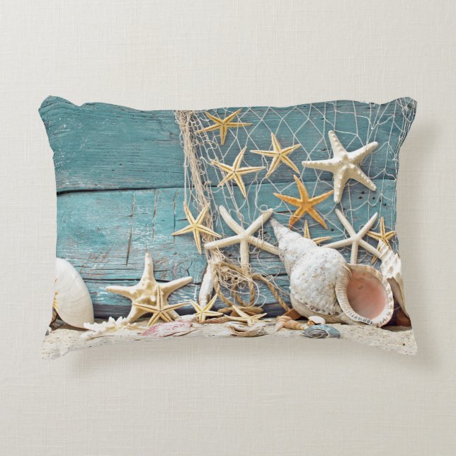 Nautical Starfish and Fisherman Net Decoratief Kussen (Voorkant)