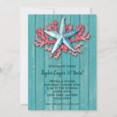 Nautical Starfish Coral on Turquoise Wood Invites (Voorkant)