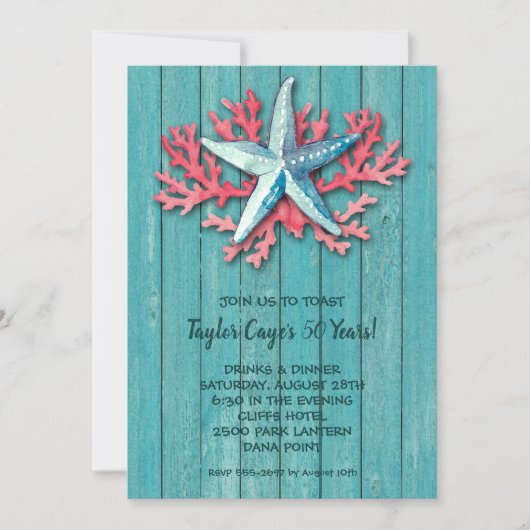Nautical Starfish Coral on Turquoise Wood Invites (Voorkant)