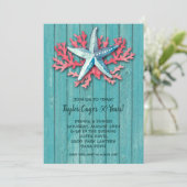 Nautical Starfish Coral on Turquoise Wood Invites (Staand voorkant)