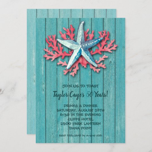 Nautical Starfish Coral on Turquoise Wood Invites (Voorkant / Achterkant)