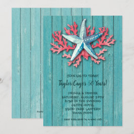 Nautical Starfish Coral on Turquoise Wood Invites