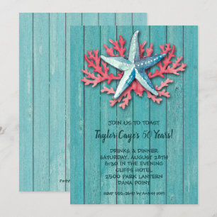 Nautical Starfish Coral on Turquoise Wood Invites