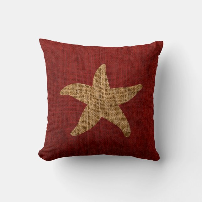 Nautical Starfish in Rustic Red and Burlap look Kussen (Voorkant)