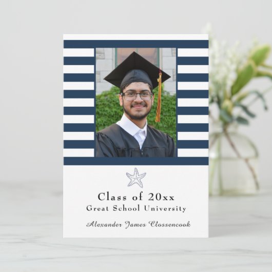 Nautical Starfish Modern Navy White stripe Aankondiging (Staand voorkant)