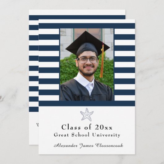 Nautical Starfish Modern Navy White stripe Aankondiging (Voorkant / Achterkant)