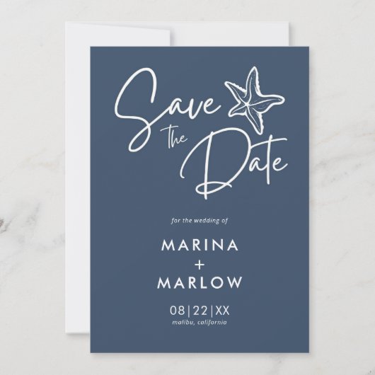 Nautical Starfish Navy White Stripe Wedding Save T Save The Date (Voorkant)