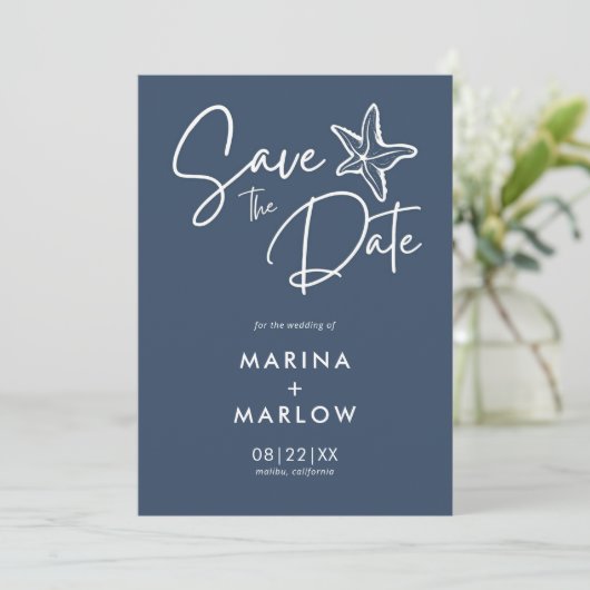 Nautical Starfish Navy White Stripe Wedding Save T Save The Date (Staand voorkant)