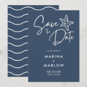 Nautical Starfish Navy White Stripe Wedding Save T Save The Date (Voorkant / Achterkant)