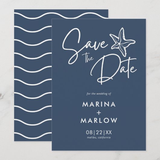 Nautical Starfish Navy White Stripe Wedding Save T Save The Date (Voorkant / Achterkant)