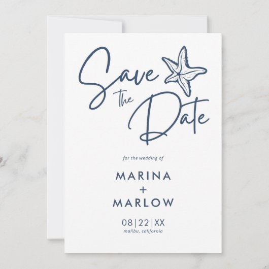 Nautical Starfish Navy & White Wave Save The Date (Voorkant)