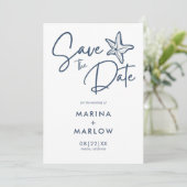Nautical Starfish Navy & White Wave Save The Date (Staand voorkant)