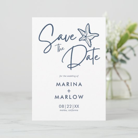 Nautical Starfish Navy & White Wave Save The Date (Staand voorkant)