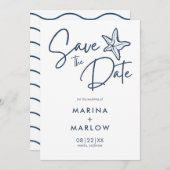 Nautical Starfish Navy & White Wave Save The Date (Voorkant / Achterkant)