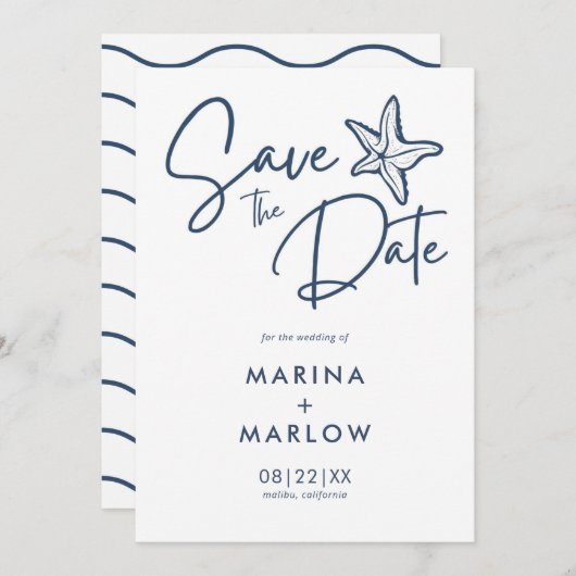 Nautical Starfish Navy & White Wave Save The Date (Voorkant / Achterkant)