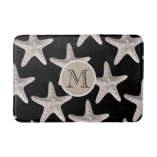 Nautical Starfish Pattern Black Beige Monogram Badmat