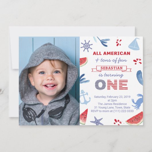 Nautical / Strand Rood Wit Blauw 1e Verjaardag Fot Kaart (Voorkant)