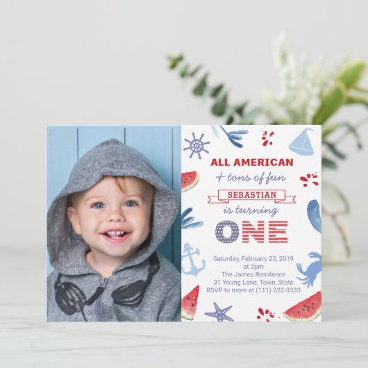 Nautical / Strand Rood Wit Blauw 1e Verjaardag Fot Kaart