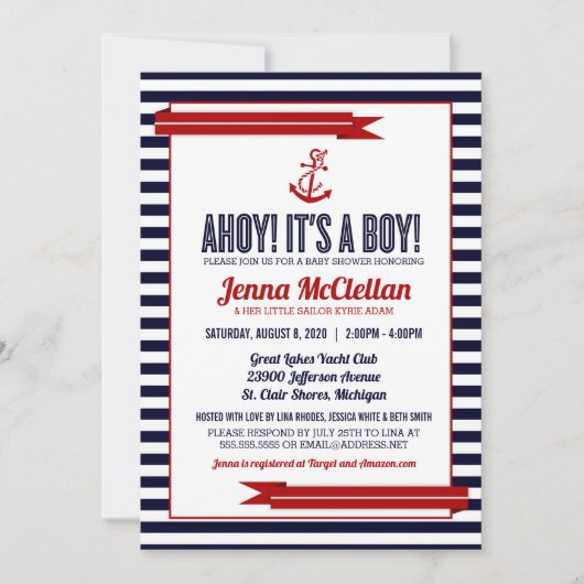 Nautical Stripe & Anchor Baby shower Invitation Kaart (Voorkant)