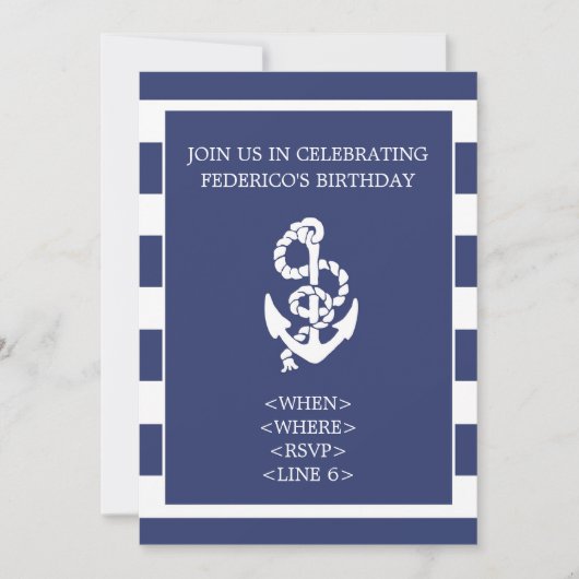 Nautical Stripe Anchor Party Invitation, Navy Blue Kaart (Voorkant)