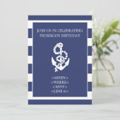 Nautical Stripe Anchor Party Invitation, Navy Blue Kaart (Staand voorkant)
