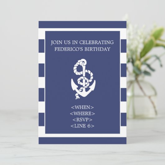 Nautical Stripe Anchor Party Invitation, Navy Blue Kaart (Staand voorkant)
