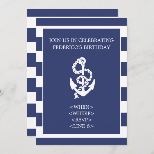 Nautical Stripe Anchor Party Invitation, Navy Blue Kaart (Voorkant / Achterkant)