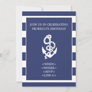 Nautical Stripe Anchor Party Invitation, Navy Blue Kaart