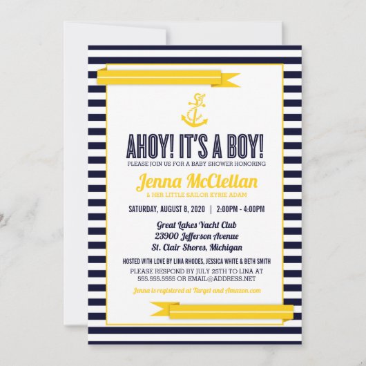 Nautical Stripe Anchor Yellow & Navy Baby shower Kaart (Voorkant)