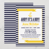 Nautical Stripe Anchor Yellow & Navy Baby shower Kaart (Voorkant / Achterkant)