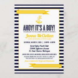 Nautical Stripe Anchor Yellow & Navy Baby shower Kaart