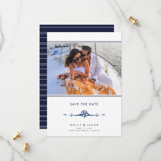 Nautical Stripe Photo Wedding Save the Date (Voorkant / Achterkant in situ)