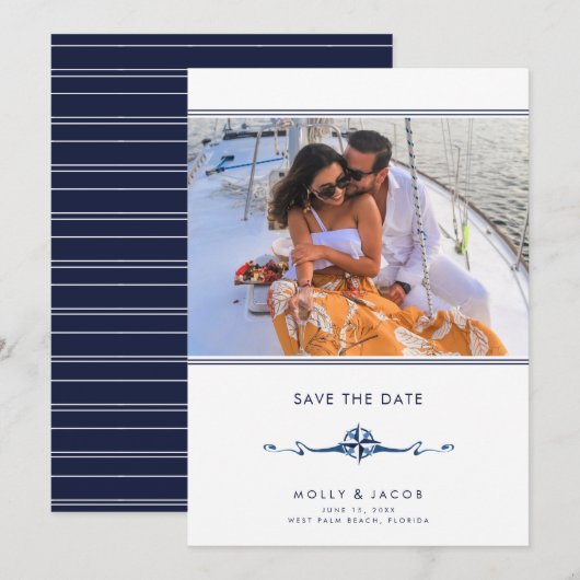 Nautical Stripe Photo Wedding Save the Date (Voorkant / Achterkant)