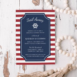 Nautical Stripe Rehearsal Dinner Invitation Kaart<br><div class="desc">Summery nautical themed rehearsal diner uitnodigingen in rood, wit en blauw kenmerken een rode en witte gestreepte achtergrond met uw gebeurtenisinformatie in wit op een blauw centrum van de marine, die door de wielillustratie van een schip wordt voorzien. Ideaal voor repetitieve diners op jachten, zeilboten of maaltijden op marina-, bootclub-...</div>