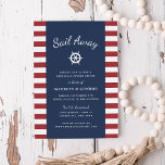 Nautical Stripe Rehearsal Dinner Invitation Kaart<br><div class="desc">Summery nautical themed rehearsal diner uitnodigingen in rood, wit en blauw kenmerken een rode en witte gestreepte achtergrond met je evenementinformatie in wit op blauw van de marine, geaccentueerd door de wielillustratie van een schip. Ideaal voor repetitieve diners op jachten, zeilboten of maaltijden op marina-, bootclub- of nautische attractieplaatsen. De...</div>