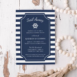 Nautical Stripe Rehearsal Dinner Invitation Kaart<br><div class="desc">Summery nautical themed rehearsal avondmaaltijd uitnodigingen in klassiek marinesblauw en wit zijn voorzien van een marineschijf en witte gestreepte achtergrond met uw evenementinformatie in wit op een blauw centrum van de marine, geaccentueerd door de wielillustratie van een schip. Ideaal voor repetitieve diners op jachten, zeilboten of maaltijden op marina-, bootclub-...</div>