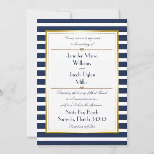 Nautical Stripe Rope Wedding Invitation Kaart (Voorkant)