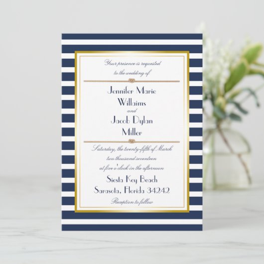 Nautical Stripe Rope Wedding Invitation Kaart (Staand voorkant)