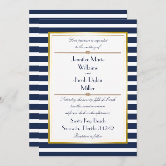 Nautical Stripe Rope Wedding Invitation Kaart (Voorkant / Achterkant)