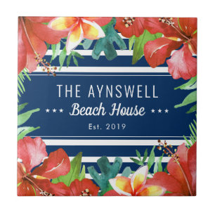 Nautical Stripe Tropical Floral Beach House Tegeltje