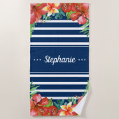 Nautical Stripe Tropical Floral gepersonaliseerd Strandlaken (Voorkant)