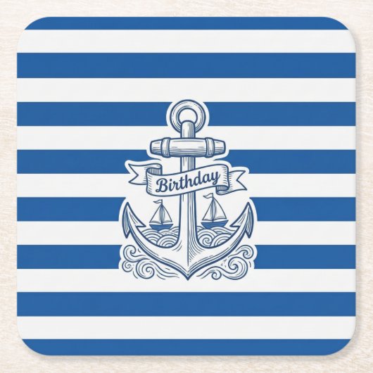 Nautical Striped Anchor Birthday Kartonnen Onderzetters (Voorkant)