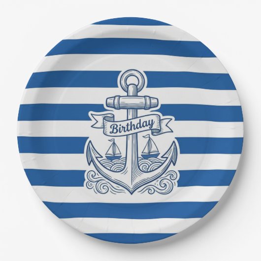 Nautical Striped Anchor Birthday Papieren Bordje (Voorkant)
