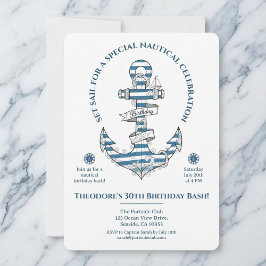 Nautical Striped Anchor Birthday Party Invitation Kaart
