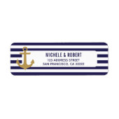 Nautical Striped Gold Anchor Blue White Return Etiket (Voorkant)