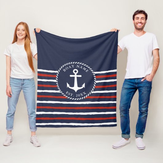 Nautical Striped Navy Blue White Anchor Fleece Deken (In situ)